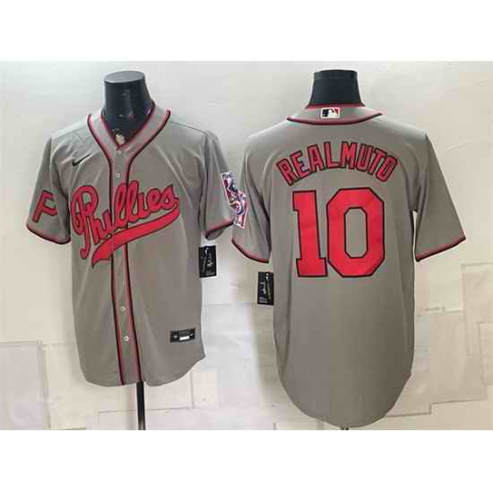 Men Philadelphia Phillies  10 J T  Realmuto Gray 2026 Field of Dreams Stadium Stitched Baseball Jersey