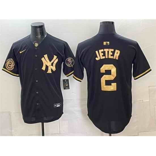 Men New York Yankees  2 Derek Jeter Black Gold With Patch Stitched Baseball Jersey