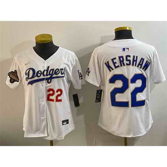 Women Los Angeles Dodgers 22 Clayton Kershaw White 2025 World Series Champions Patch Limited Stitched Baseball Jersey