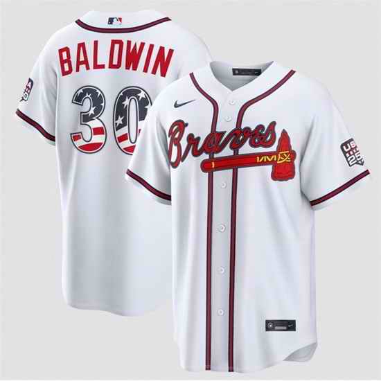 Men Atlanta Braves  30 Drake Baldwin White USA 250 Fourth of July Home Stadium Stitched Baseball Jersey