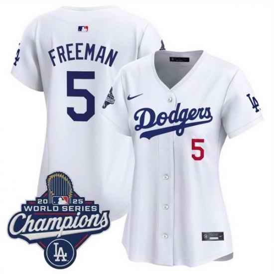 Women Los Angeles Dodgers 5 Freddie Freeman White 2025 World Series Champions Home Cool Base Stitched Baseball Jersey