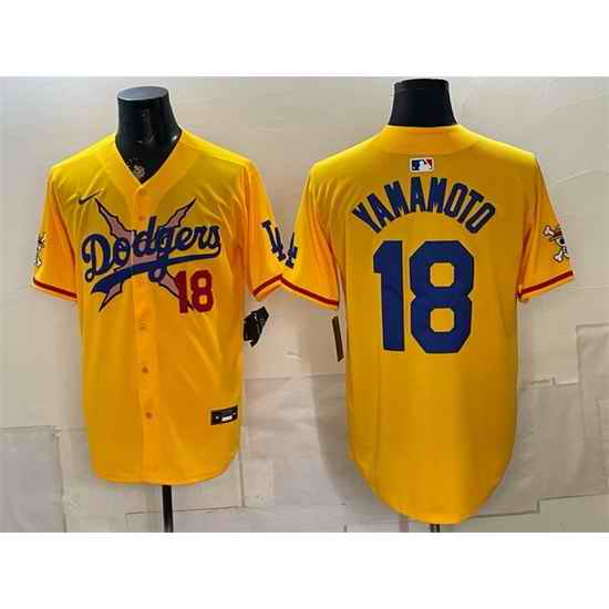 Men Los Angeles Dodgers x One Piece  18 Yoshinobu Yamamoto Yellow Vapor Premier Limited Stitched Baseball Jersey