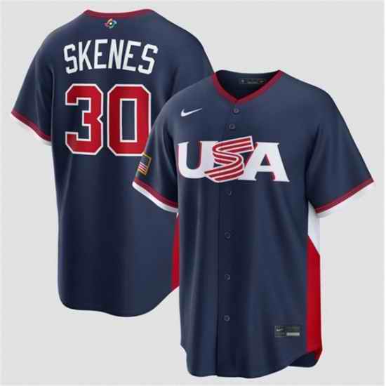 Men USA Baseball  30 Paul Skenes Navy 2026 World Baseball Classic Road Stadium Stitched Jersey