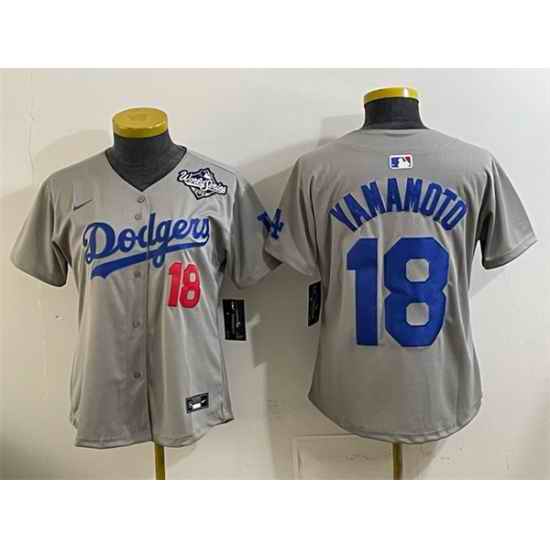 Youth Los Angeles Dodgers 18 Yoshinobu Yamamoto Grey 2025 World Series Patch Limited Stitched Baseball Jersey