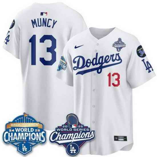 Men Los Angeles Dodgers 13 Max Muncy White 2025 World Series Champions  26 Back to Back Champions With No 34 Patch Limited Stitched Baseball Jersey