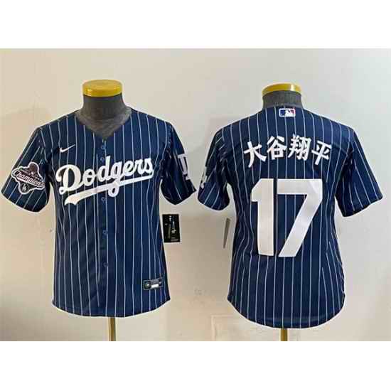 Youth Los Angeles Dodgers 17  Shohei Ohtani Navy Pinstripe 2025 World Series Champions Patch Cool Base Stitched Baseball Jersey