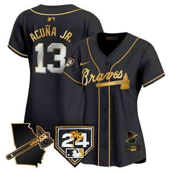 Women Atlanta Braves 13 Ronald Acu F1a Jr Black Gold 2024 Spring Training 26 Georgia Patch Vapor Limited Stitched Baseball Jersey