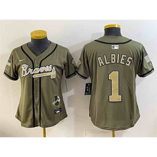 Women Atlanta Braves 1 Ozzie Albies Olive 2026 Armed Forces Day Stitched Baseball Jersey