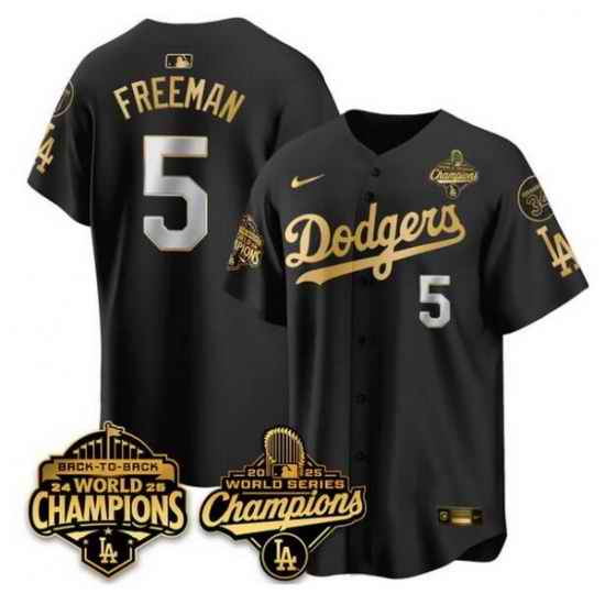 Men Los Angeles Dodgers 5 Freddie Freeman Black Gold 2025 World Series Champions Back to Back With No 34 Patch Limited Stitched Baseball Jersey