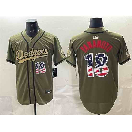 Men Los Angeles Dodgers  18 Yoshinobu Yamamoto Olive 2026 Armed Forces Day USA 250 Fourth of July Stitched Baseball Jersey