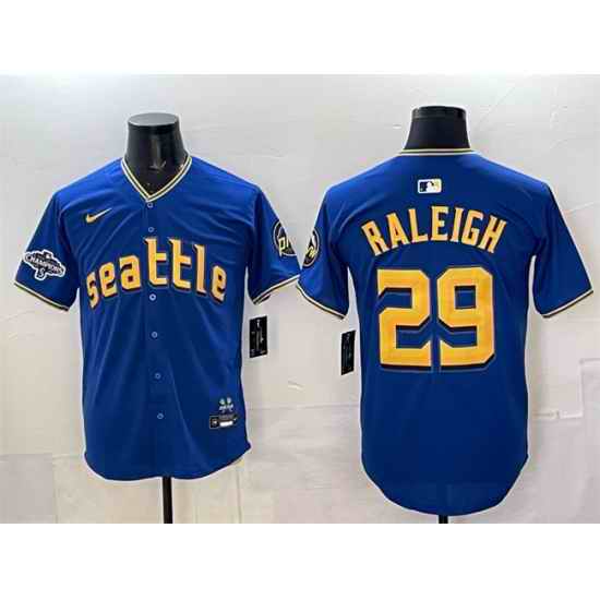 Men Seattle Mariners 29 Cal Raleigh Royal With 2025 AL West Division Champions Patch City Connect Limited Stitched Baseball Jersey