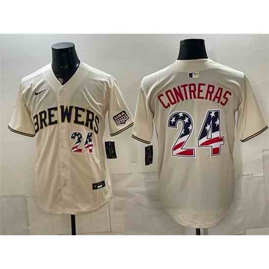 Men Milwaukee Brewers 24 William Contreras Cream 2026 USA 250 Fourth of July Home Stadium Stitched Baseball Jersey