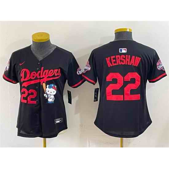 Women Los Angeles Dodgers  22 Clayton Kershaw Black Hello Kitty Night 2025 World Series Champions Patch Stitched Baseball Jersey
