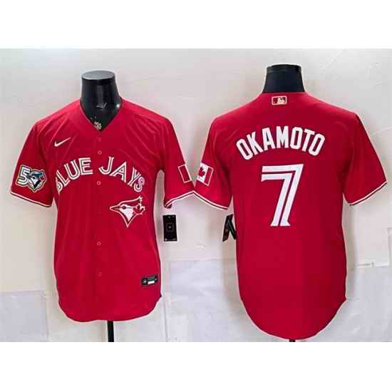 Men Toronto Blue Jays  7 Kazuma Okamoto Red 50 Seasons Patch Stitched Baseball Jersey