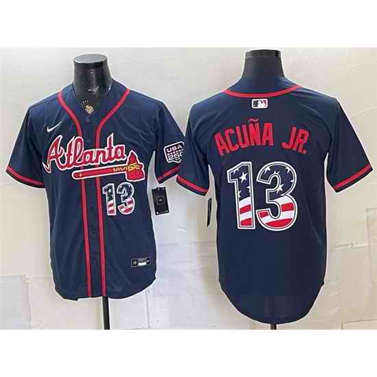 Men Atlanta Braves  13 Ronald Acuna Jr  Navy USA 250 Fourth of July Home Stadium Stitched Baseball Jersey