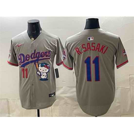 Men Los Angeles Dodgers  11 Roki Sasaki Grey Hello Kitty Night 2025 World Series Champions Patch Stitched Baseball Jersey