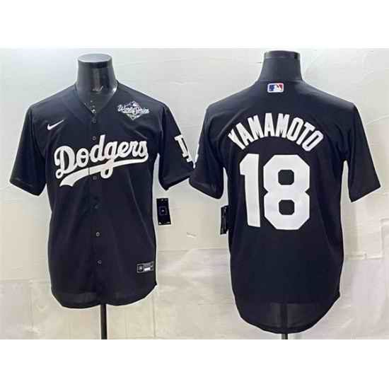 Men Los Angeles Dodgers 18 Yoshinobu Yamamoto Black 2025 World Series Patch Cool Base Stitched Baseball Jersey