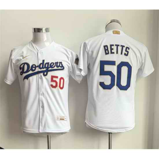 Youth Los Angeles Dodgers  50 Mookie Betts White Gold Collection Stadium Stitched Baseball Jersey