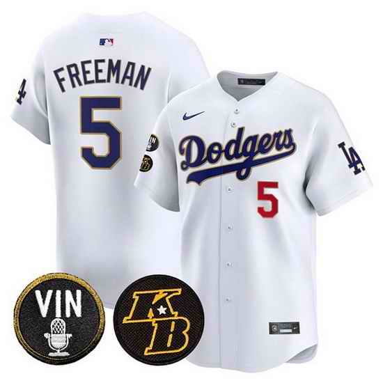 Men Los Angeles Dodgers  5 Freddie Freeman White 2026 Vin   Kobe Patch Gold Trim Vapor Premier Limited Stitched Baseball Jersey