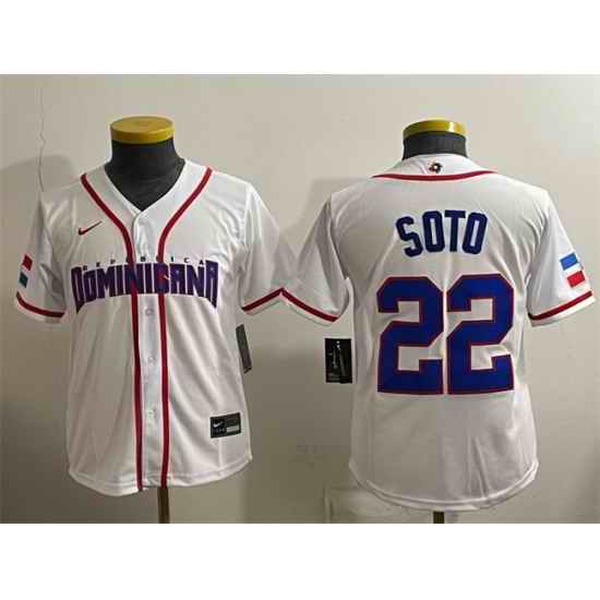 Youth Dominican Republic Baseball  22 Juan Soto White 2026 World Baseball Classic Home Stadium Stitched Baseball Jersey