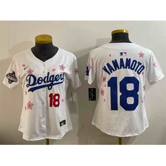 Women Los Angeles Dodgers 18 Yoshinobu Yamamoto White 2025 World Series Champions Patch Tokyo Series Limited Stitched Baseball Jersey
