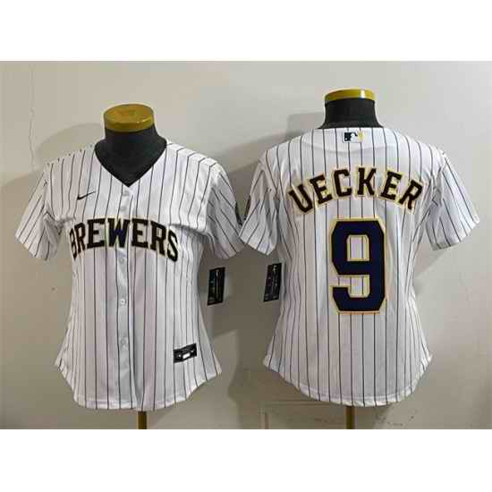 Women Milwaukee Brewers 9 Bob Uecker White Cool Base Stitched Jersey Run Small