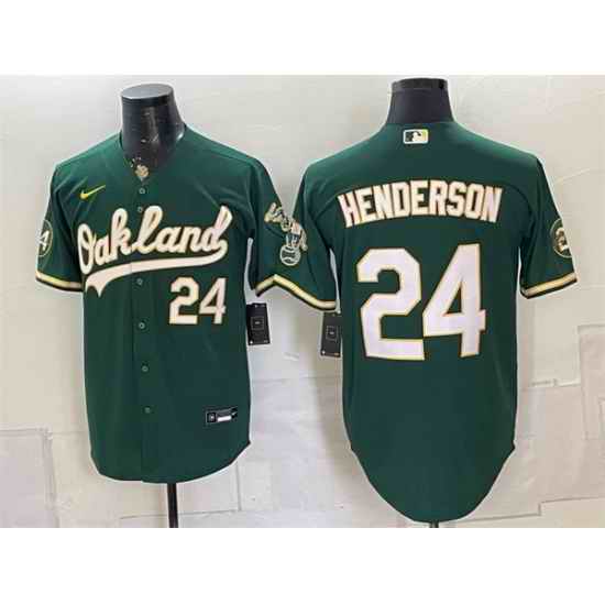 Men Oakland Athletics 24 Rickey Henderson Green With Patch Stitched Jersey