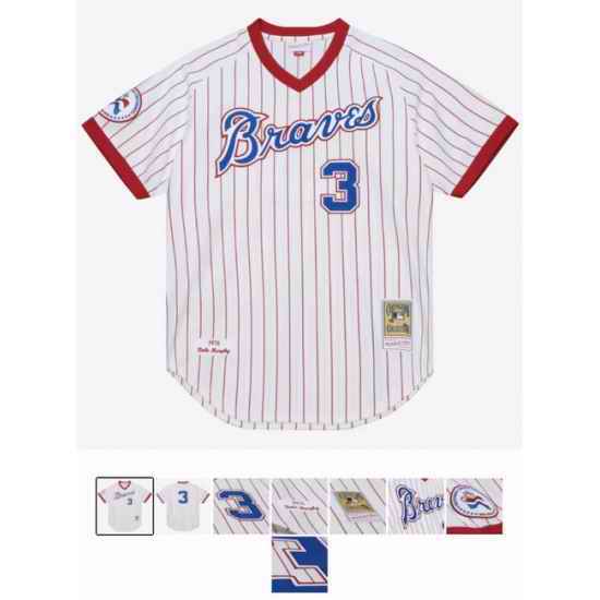 Men Atlanta Braves #3 Mitchell And Ness White Red Strips Jersey
