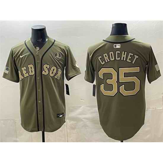 Men Boston Red Sox  35 Garrett Crochet Olive Armed Forces Day Cool Base Stitched Baseball Jersey