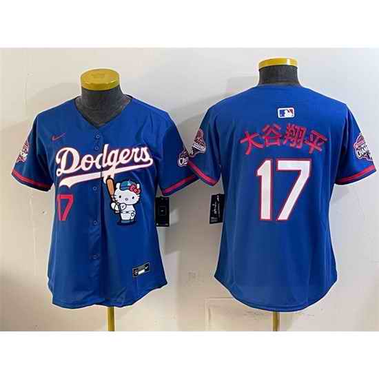Women Los Angeles Dodgers  17 Shohei Ohtani Royal Hello Kitty Night 2025 World Series Champions Patch Stitched Baseball Jersey
