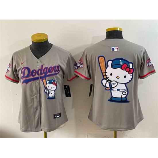 Women Los Angeles Dodgers Team Big Logo Grey Hello Kitty Night 2025 World Series Champions Patch Stitched Baseball Jersey