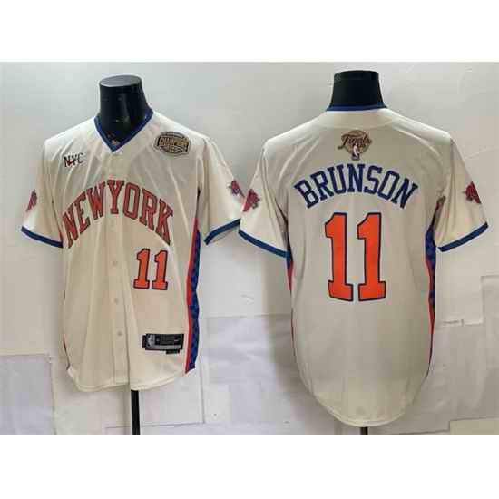 Men New York Knicks  11 Jalen Brunson Cream 2026 Finals Eastern Conference Champions Patch Stitched Baseball Jersey