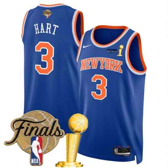 Men New Yok Knicks  3 Josh Hart Blue 2026 Finals Patch And Finals Champions Patch Icon Edition Stitched Basketball Jersey