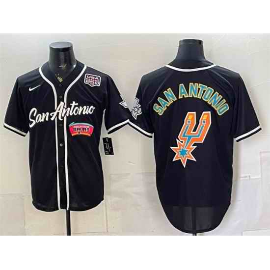 Men San Antonio Spurs Team Big Logo Black USA 250  Patch Stitched Baseball Jersey