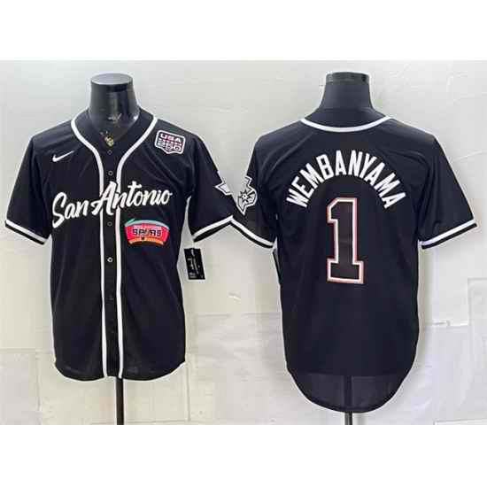Men San Antonio Spurs  1 Victor Wembanyama Black USA 250  Patch Stitched Baseball Jersey