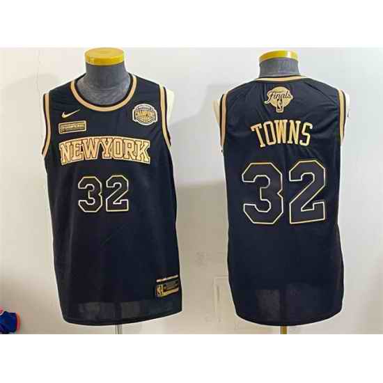 Men New Yok Knicks  32 Karl Anthony Towns Black Gold 2026 Finals Eastern Conference Champions Patch Stitched Jerseys