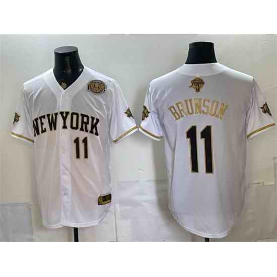 Men New York Knicks  11 Jalen Brunson White Gold 2026 Finals Eastern Conference Champions Patch Stitched Baseball Jersey