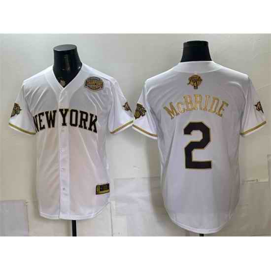 Men New York Knicks  2 Miles McBride White Gold 2026 Finals Eastern Conference Champions Patch Stitched Baseball Jersey