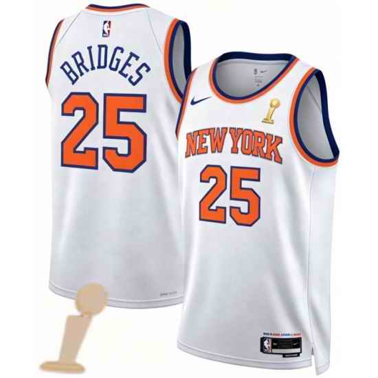 Men New Yok Knicks 25 Mikal Bridges White 2026 Champions Patch Icon Edition Stitched Basketball Jersey