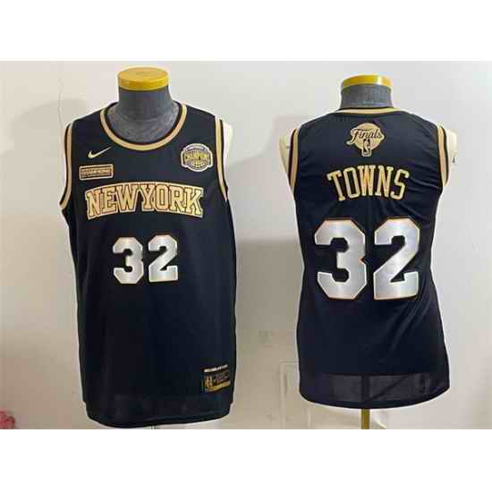 Men New Yok Knicks  32 Karl Anthony Towns Black Gold 2026 Finals Eastern Conference Champions Patch Stitched Jersey