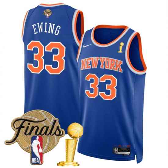 Men New Yok Knicks  33 Patrick Ewing Blue 2026 Finals Patch And Finals Champions Patch Icon Edition Stitched Basketball Jersey