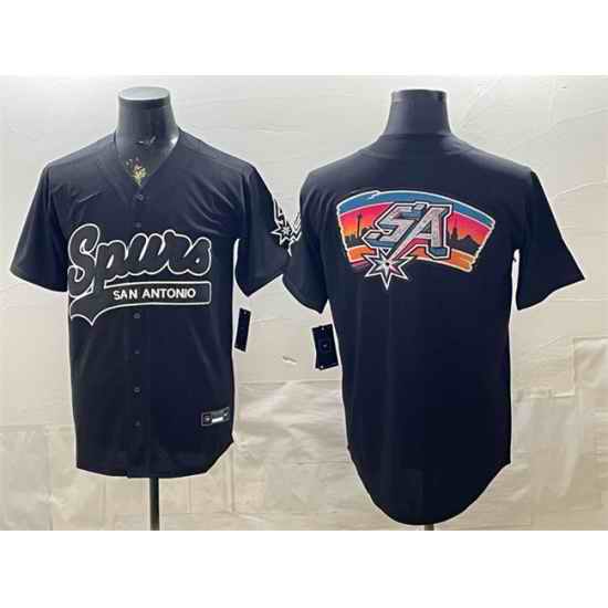 Men San Antonio Spurs Team Big Logo Black Stitched Baseball Jersey
