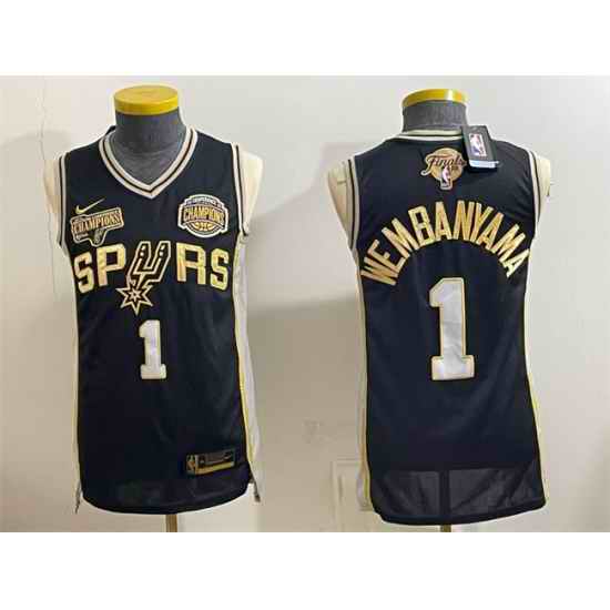 Men San Antonio Spurs  1 Victor Wembanyama Black Gold 2026 Finals   Western Conference Champions Patch Stitched Basketball Jersey