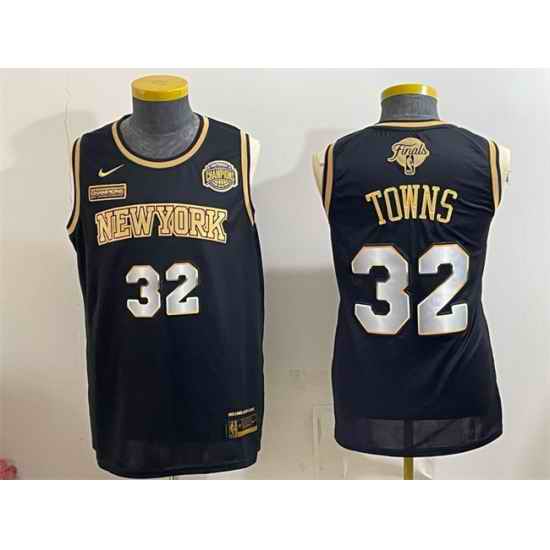 Men New Yok Knicks  32 Karl Anthony Towns Black Gold 2026 Finals Eastern Conference Champions Patch Stitched Jersey