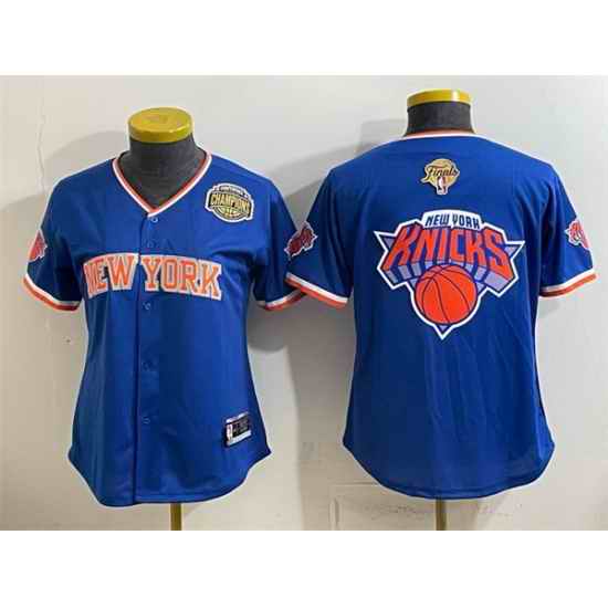 Women New York Knicks Team Big Logo Blue 2026 Finals Eastern Conference Champions Patch Stitched Baseball Jersey