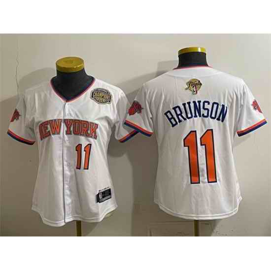Women New York Knicks  11 Jalen Brunson White 2026 Finals Eastern Conference Champions Patch Stitched Baseball Jersey