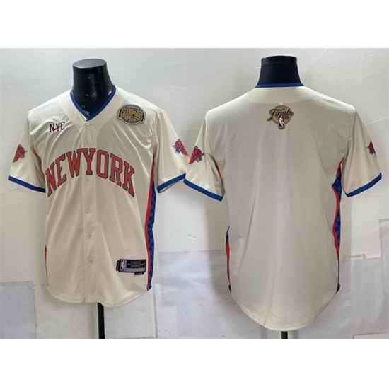 Men New York Knicks Blank Cream 2026 Finals Eastern Conference Champions Patch Stitched Baseball Jersey