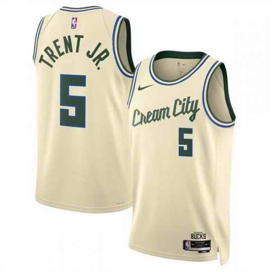 Men Milwaukee Bucks 5 Gary Trent Jr  Cream 2025 26 City Edition Stitched Basketball Jersey