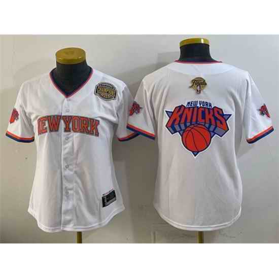 Women New York Knicks Team Big Logo White 2026 Finals Eastern Conference Champions Patch Stitched Baseball Jersey