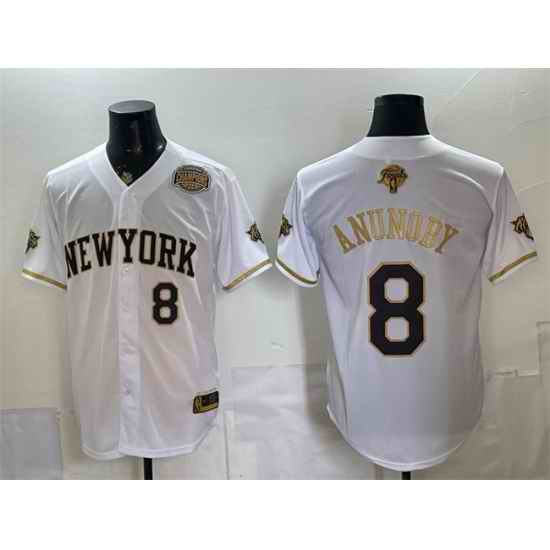 Men New York Knicks  8 OG Anunoby White Gold 2026 Finals Eastern Conference Champions Patch Stitched Baseball Jersey